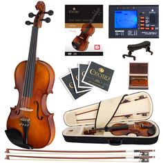 the violin is being displayed with its accessories