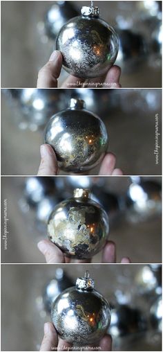 three different images of silver ornaments being held by someone's hands in front of them