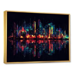 a cityscape with colorful lights reflected in the water on a black background canvas wall art print