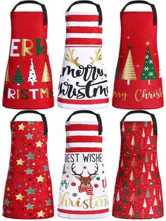 four christmas oven mitts with different designs on them