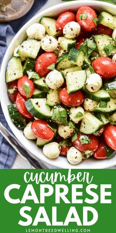 cucumber caprese salad in a white bowl with text overlay