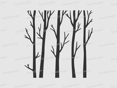 black and white silhouettes of trees with no leaves on the branches, against a gray background