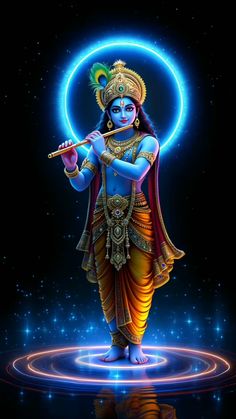 the god is holding a flute and standing in front of a blue circle with stars on it