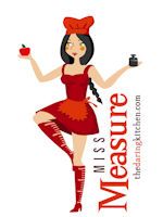 a woman in a red dress holding an apple and standing on one leg, with the words measure written below her