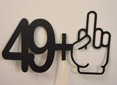 a black sign with the number forty and a hand pointing at it on a stick