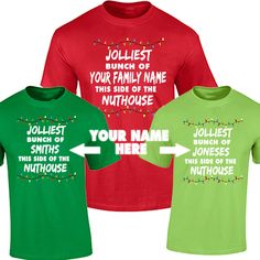 Awesome personalized Family Name shirts for Christmas and the Holidays. Great for family photos and pictures. Great custom family matching Christmas shirts. **NOTE on colors --> Toddler colors may be slightly different and not identical matching shade of color to adult and youth shirts as they are a different BRAND of shirt and made by differenct companies. They are close, but did want to include this information. **Message us with any questions on your order. 100% Preshrunk Cotton Diy Christmas Shirts, Matching Family Christmas Shirts, Christmas Vacation Shirts, Custom Crewneck Sweatshirts, Jolliest Bunch, Matching Christmas Shirts, Christmas T Shirt Design, Best Christmas Presents, Family Funny