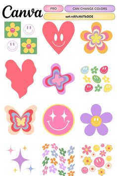 an assortment of colorful stickers with hearts, flowers and smiley faces on them in different colors