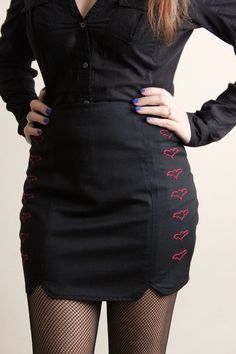 This is a pencil skirt with custom dimensions (waist, hip, length and bust span). It has 14 bats hand embroidered (seven on each side). And it is closed by a zipper on the back. The process behind this skirt starts by embroidering the bats on the fabric. Then the different parts of the fabric are machine sewn, and as finish the zipper is sewn on the back. Fitted Embroidered Skirt For Fall, Embroidered Fitted Skirt For Fall, Fitted Embroidered Fall Skirt, Gothic Fitted Cotton Skirt, Fitted Embroidered Cotton Skirt, Fitted Embroidered Black Mini Skirt, Edgy Fitted Cotton Skirt, Goth Academia, Darkest Academia