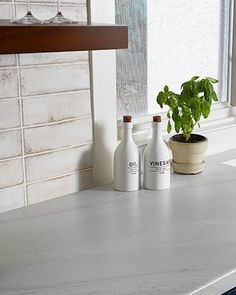 a kitchen counter with two bottles and a potted plant next to the window sill