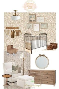 a baby's room with furniture and pictures on the wall, including a crib