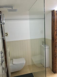 a white toilet sitting next to a walk in shower