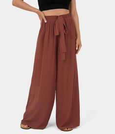 High Waisted Tie Front Side Pocket Wide Leg Flowy Casual Pants Brandy Snifter, Flowy Wide Leg Pants, Plain Leggings, Cotton Casual Pants, Wrap Pants, Flowy Design, Wide Leg Palazzo Pants, Casual Wide Leg Pants, Flowy Pants