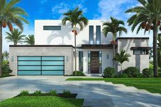 this is an artist's rendering of a modern house with palm trees in the front yard