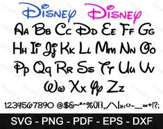 the disney font and numbers are outlined in black, pink, blue, and green