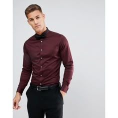 ASOS Slim Sateen Shirt In Burgundy With Wing Collar And Double Cuff ($38) ❤ liked on Polyvore featuring men's fashion, men's clothing, men's shirts, men's dress shirts, red, mens woven shirts, mens slim fit dress shirts, mens slim shirts, mens red shirt and mens straight hem shirts Burgundy Shirt Outfit Men, Maroon Shirt Outfit, Dress Shirt Outfit, Shirtdress Outfit, Maroon Dress Shirt, Asos Outfit, Long Sleeve Shirt Outfits, Homecoming Outfits For Guys, Shirt Outfit Men