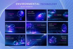 the concept of environmental technology is depicted in this set of banners with glowing shapes and lines