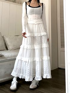 Stunning French Layers Embroidery Ruffle A-line Skirt Dress Amazing Specifications (approx) Size (cm) : S-M-L Length : 80-90-100 Waist (elastic) : 56-100 Lining : 70-80-90 Color : white Ruffle Long Skirt, Korean Fashion Cute, White Long Skirt, Ruffle Maxi Skirt, Fairy Skirt, Maxi Lace Skirt, Long Skirts For Women, Elegant Skirt, Skirts For Women