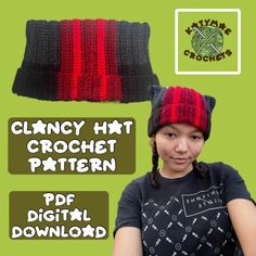 a woman wearing a red and black knitted hat next to a crochet pattern