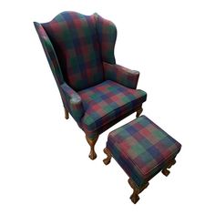 a plaid chair and footstool with an ottoman