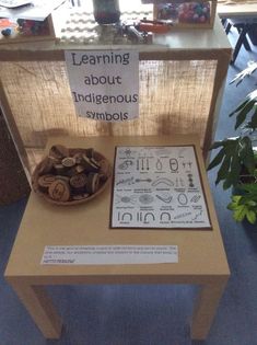 a wooden table with a sign on it that says learning about indigenousness symbols and other items