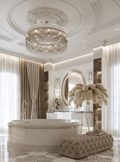 an elegant bathroom with chandelier, round mirror and tub in the middle of the room