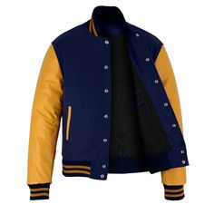 Varsity Letterman Baseball Navy Blue Wool and Gold Genuine Leather Sleeves Jacket with Gold Trims If your required Size & Color Combination is not listed then please contact with us We will respond you as soon as possible the estimated time is 12 Hours, All Sizes & Color Combinations are Available. The quality of the varsity jacket is the finest in the field. 100% high quality Wool. A fine quilt lining with Wool trimmed inside pocket are all part of the complete package. Each varsity jacket desi Luxury Navy Varsity Outerwear, Winter Varsity Outerwear With Contrast Trim, Varsity Outerwear With Contrast Trim For Winter, Classic Navy Outerwear For College, Blue Long Sleeve Outerwear With Contrast Stitching, Classic Blue Varsity Jacket For Fall, Letterman Jacket Outfit, Gold Leather Jacket, Varsity Jacket Design