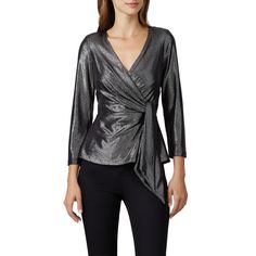 Grey metallic jersey (96% Polyester, 4% Elastane). Top. Long sleeves. V-neckline. Back zipper closure. Fully lined. 24" from shoulder to hemline. Imported. Hijab Fashionista, Metallic Blouses, Cocktail Outfit, Sleeveless Tops Summer, Rent The Runway, Samar, Stylish Dress Designs, Long Sleeve Knit Tops, Dressy Tops