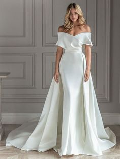 White Vintage Wedding Dress With Train Satin Off The Shoulder Wedding Dress Pleated Mermaid Bridal Gowns Satin Mermaid Dress, Wedding Guest Gowns, Floor Length Wedding Dress, Detachable Train, Bridal Gowns Mermaid, Exquisite Gowns, Formal Wear Dresses, Fall Wedding Guest Dress, Plus Size Formal Dresses