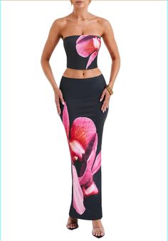 Long Skirt Set Two Pieces, Flower Two Piece Outfit, Baddie Crop Tops, Two Piece Party Outfit, Two Piece Long Skirt Set, Bandeau Top Outfits, Two Piece Matching Set Outfit, Luau Party Outfit, Skirt And Top Outfits