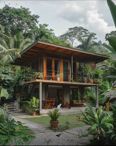 Small Land House Design, Tiny House Tropical, Tropical Small House, House On Stilts Ideas, Tropical House Design Exterior, Beach House Exterior Tropical, Small Rest House Design, Small Tropical House, Stilt House Design