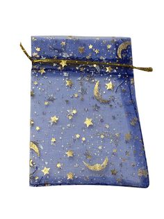 a blue bag with gold stars and moon designs on it, tied to a string