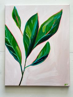 a painting of green leaves on a pink background