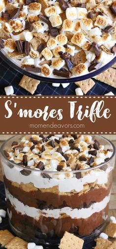 s'mores trifle in a glass dish with marshmallows on top