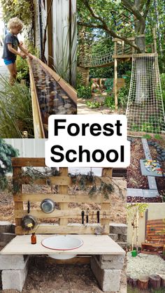 a collage of photos with the words forest school on it and various pictures of trees