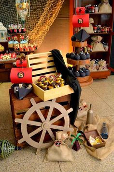 a wooden bench sitting on top of a tile floor next to a pile of bags