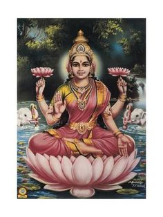 the hindu goddess sitting on top of a lotus flower in front of a pond with water lilies