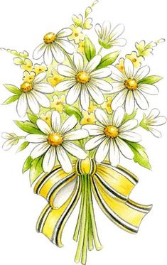 a bouquet of daisies with yellow ribbons