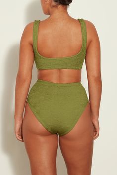 The Jamie bikini features Hunza G's signature crinkle stretch fabric. Twist front detail with wide straps for support. High waist bottom. Top & bottom sold as a set. Hunza G, High Waisted Briefs, Raquel Allegra, Shimmer And Shine, High Waist Bottoms, Denim Flares, Romper With Skirt, Dress Pant, Twist Front