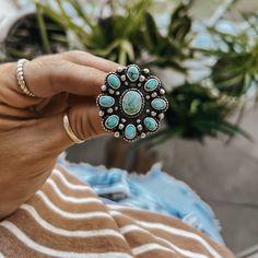 Sterling Silver Turquoise Cluster Ring, Size 6.75, Perfect Condition, Heavy Stunning Ring! Unique Multi-stone Turquoise Ring In Sterling Silver, Adjustable Silver Turquoise Multi-stone Ring, Nickel-free Round Southwestern Turquoise Ring, Unique Nickel-free Sterling Silver Turquoise Ring, Adjustable Southwestern Turquoise Ring Nickel-free, Ring Color, Cluster Ring, Silver Turquoise, Turquoise Sterling Silver