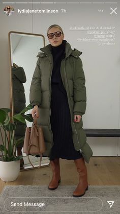 Green Puffer Coat Outfit, Lydia Tomlinson Outfits Winter, Olive Puffer Jacket Outfit, Olive Green Puffer Jacket Outfit, Long Puffer Outfit, Olive Jacket Outfit, Green Puffer Jacket Outfit, Olive Green Jacket Outfits, Green Parka Outfit