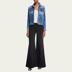 FRAME "Le Palazzo" pants is stretch-denim. Approx. measurements: 11" rise; 34" inseam; 30" leg opening. High-rise; belt loops. Button-zip fly. Five-pocket style. Relaxed fit through super wide legs. Cotton/polyester/spandex. Machine wash. Made in USA of imported materials. Dark Wash Flare Pants For Work, Denim Flare Workwear Pants, Workwear Flare Denim Pants, Flared Denim Pants For Work, Denim Blue Flare Bottoms For Work, Vintage Flare, Wide Legs, Side Stripe, Frame Denim