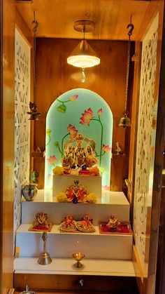 the shrine is decorated with flowers and other decorations