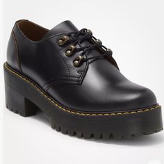 Elevate Your Shoe Game With These Stylish Black Leather Platform Boots From Dr. Martens. Featuring A Round Toe And Lace-Up Closure, These Ankle Boots Come In A Women's Us Shoe Size 9 With A Mid-Height Block Heel And 1 1/8 Inch Platform. Perfect For Any Occasion, These Boots Are Versatile Enough For Travel, Casual Wear, Business Meetings, And Even A Night Out. Upgrade Your Wardrobe With A Smooth Leather Derby Featuring Doc Marten's Signature Air Wair Cushioning, Yellow Welt Stitching And A Lugged Doc Martens Air Wair Shoes, Black Chunky Platform Lace-up Shoes, Black Lace-up Shoes With Platform And Pointed Toe, Black Platform Lace-up Shoes With Almond Toe, Black Lace-up Shoes With Chunky Platform And Round Toe, Black Leather Oxfords With Chunky Platform, Black Lace-up Shoes With Lug Sole For Fall, Black Platform Oxfords With Round Toe, Black Leather Platform Oxfords