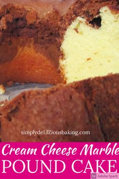 a close up of a cake on a plate with the words cream cheese marble pound cake