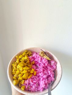 a hand holding a bowl filled with different colored food