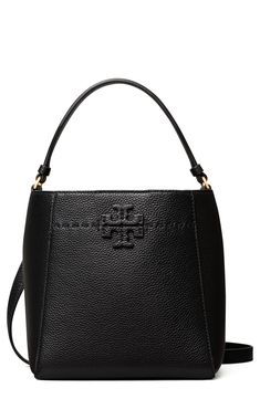 A stacked-T logo appliqué and a line of running stitches detail this pebbled-leather bucket bag that can be slung on the shoulder or across the body. Style Name:Tory Burch Mcgraw Small Leather Bucket Bag. Style Number: 6097593. Tory Burch Bucket Bag, Small Bucket Bag, Small Buckets, Mini Bucket Bags, Bucket Bags, Womens Designer Handbags, Tory Burch Handbags, Designer Crossbody Bags, Cute Purses