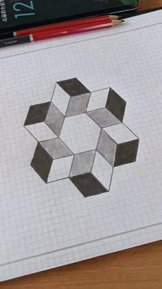 a pencil drawing of four cubes on top of a piece of paper