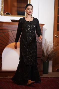 Black mukaish kurta with thread and mirror embroidery. Paired with coordinating gharara and chiffon dupatta. - Aza Fashions Fitted Georgette Sharara With Chikankari Embroidery, Semi-stitched Floor-length Sharara With Mirror Work, Designer Straight Kurta Sharara With Dabka Work, Designer Sharara With Dabka Work And Straight Kurta, Designer Wear Sharara With Straight Kurta And Dabka Work, Designer Wear Floor-length Chikankari Sharara, Floor-length Chikankari Embroidery Sharara, Floor-length Chinon Sharara With Mirror Work, Designer Semi-stitched Sharara With Chikankari Embroidery