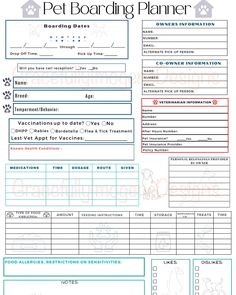 a printable pet boarding planner