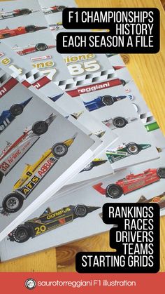 four racing cars are stacked on top of each other, with the title'f 1 championship history each season a file